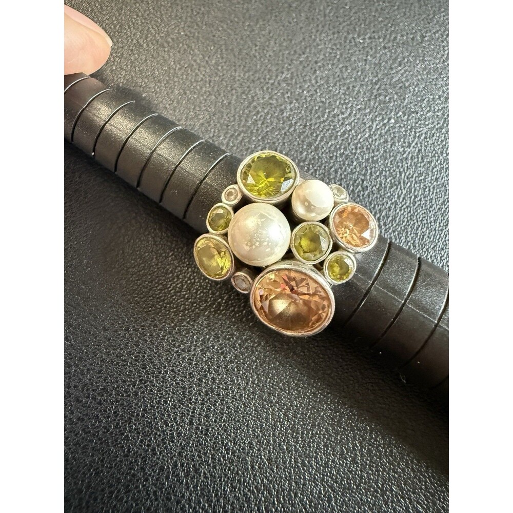 Belle Etoile Rhodium 925 Sterling Ring Pearl Peridot Champagne Cocktail Size 6